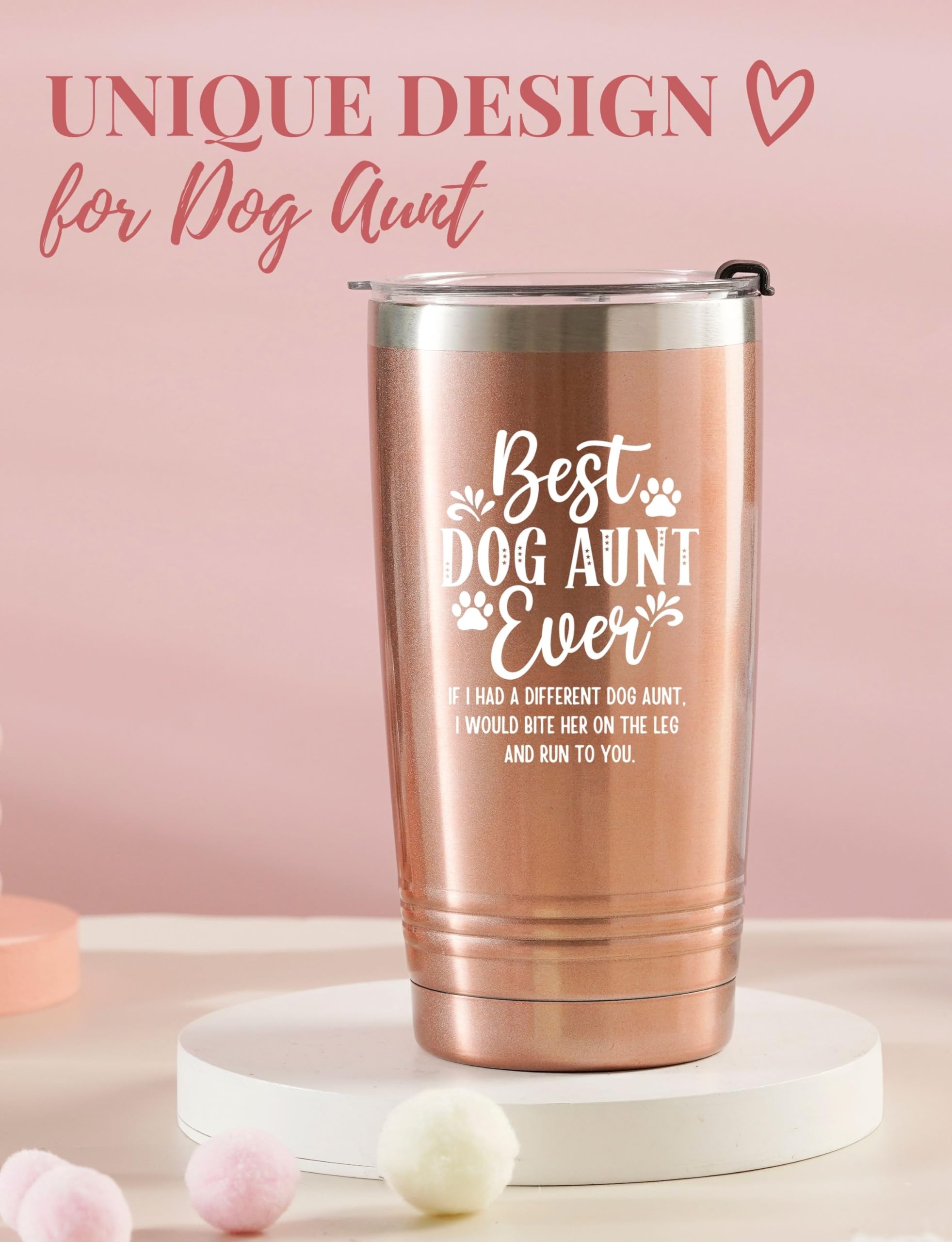 Onebttl Dog Aunt Gifts rose gold tumbler lid close-up with seal detail