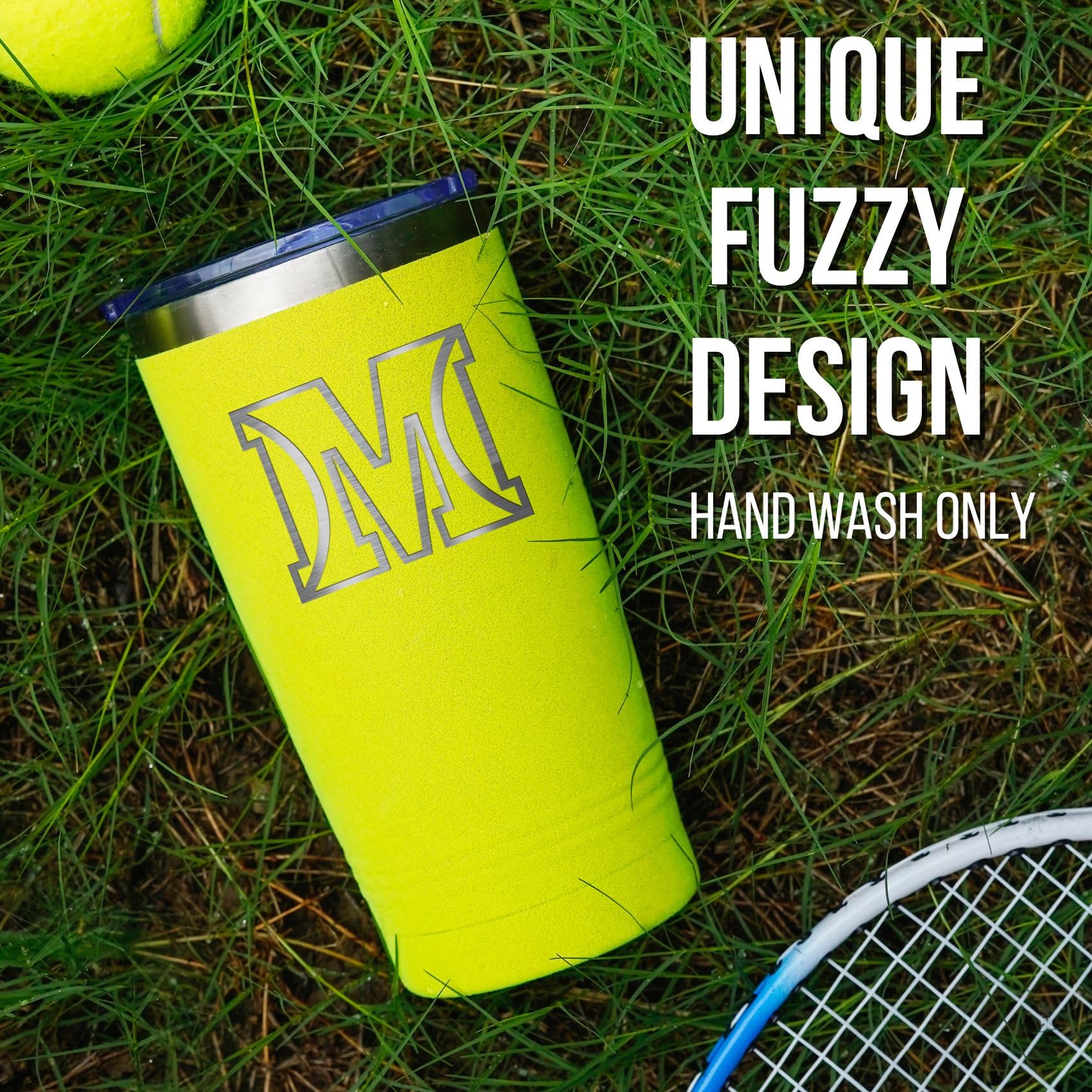 Onebttl double-sided logo tennis tumbler shows initial and racket emblem for sports fans.