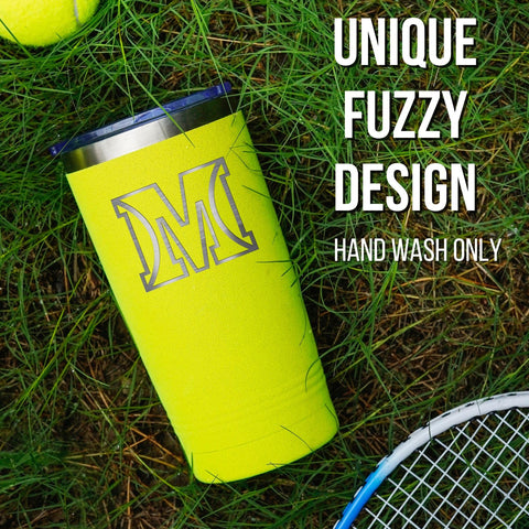 Onebttl double-sided logo tennis tumbler shows initial and racket emblem for sports fans.