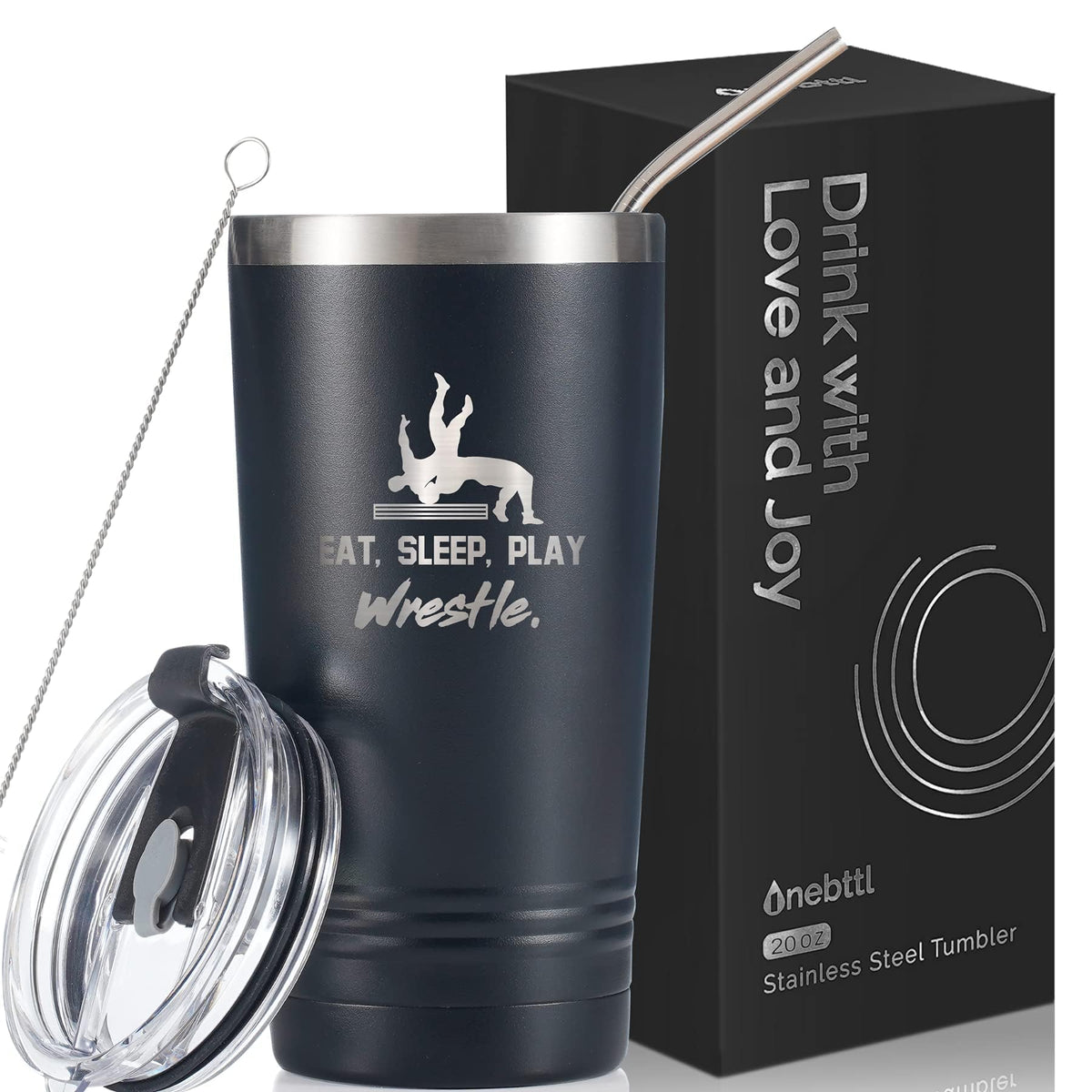 Onebttl Eat Sleep Play Wrestle tumbler in black with durable 20oz design for active fans.