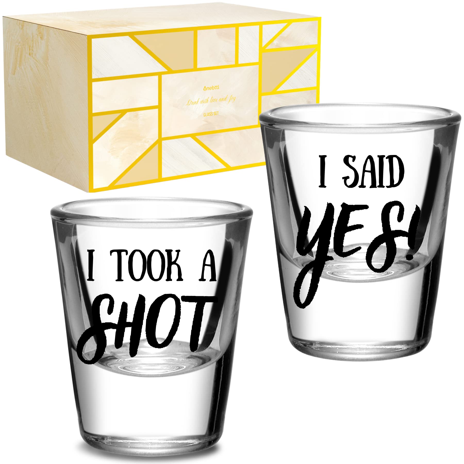 Onebttl engagement shot glass set in gift packaging, ideal for celebrations