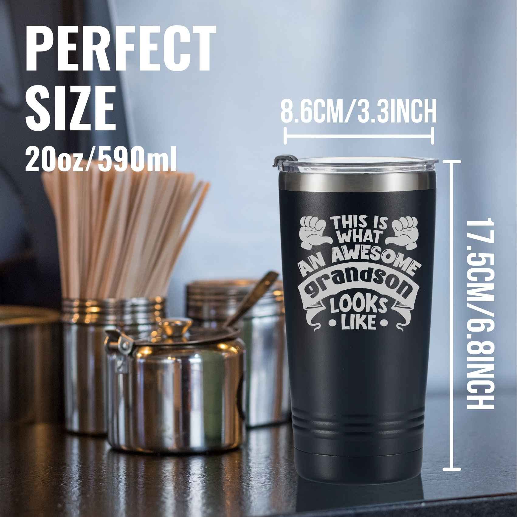 Onebttl Grandson Gifts Tumbler 20 oz capacity fits most beverages with ice.