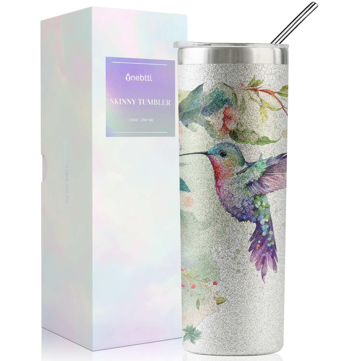 Onebttl hummingbird glitter tumbler 20oz with straw for stylish beverages.