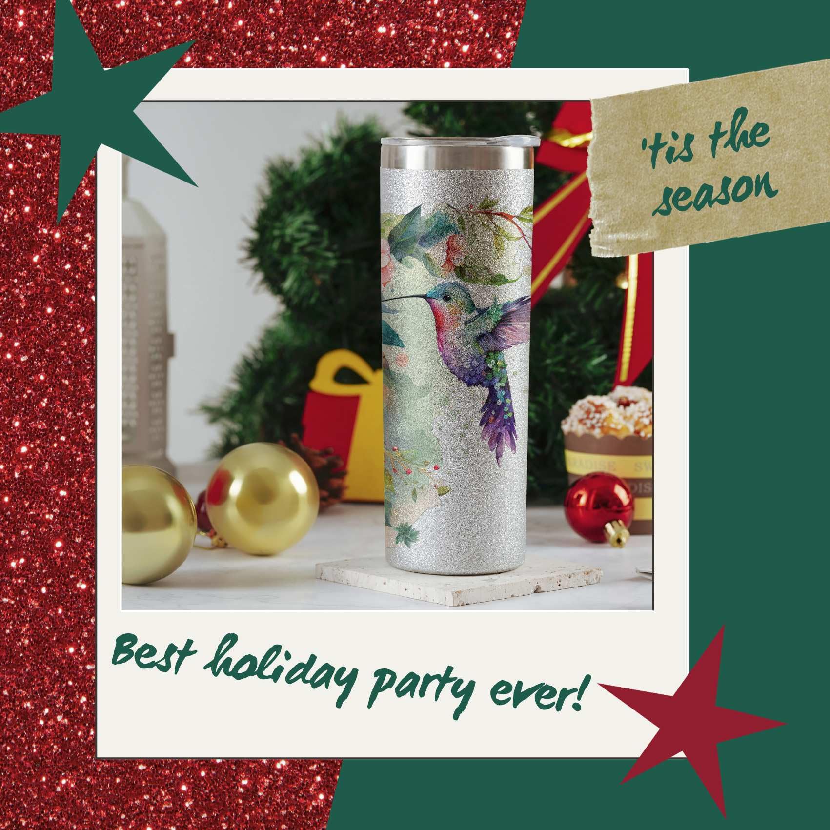 Close-up of straw-topped Onebttl hummingbird tumbler highlighting glitter finish.