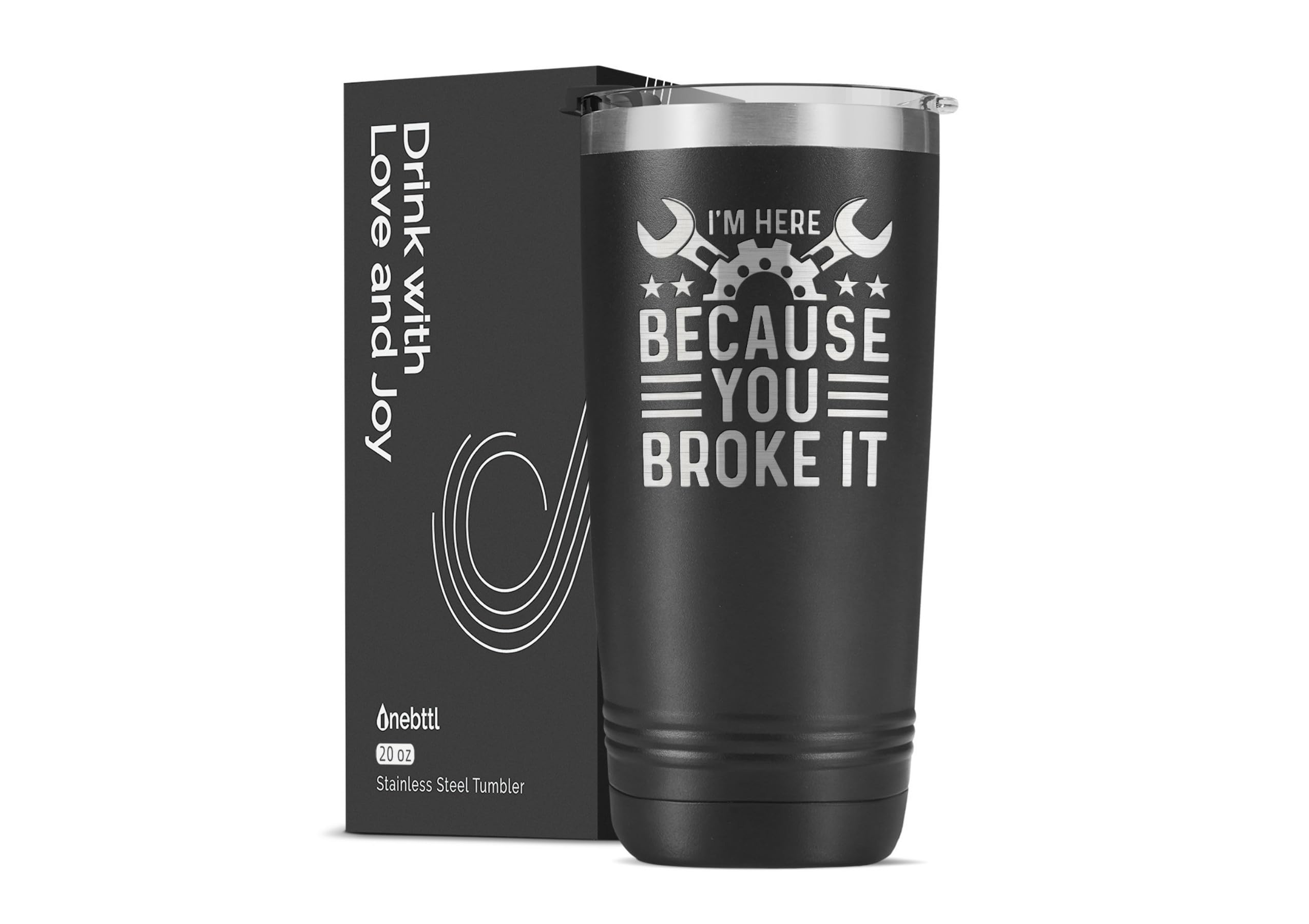 Onebttl maintenance-man tumbler with black lid keeps beverages at the right temperature on site.