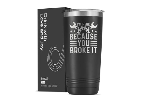 Onebttl maintenance-man tumbler with black lid keeps beverages at the right temperature on site.