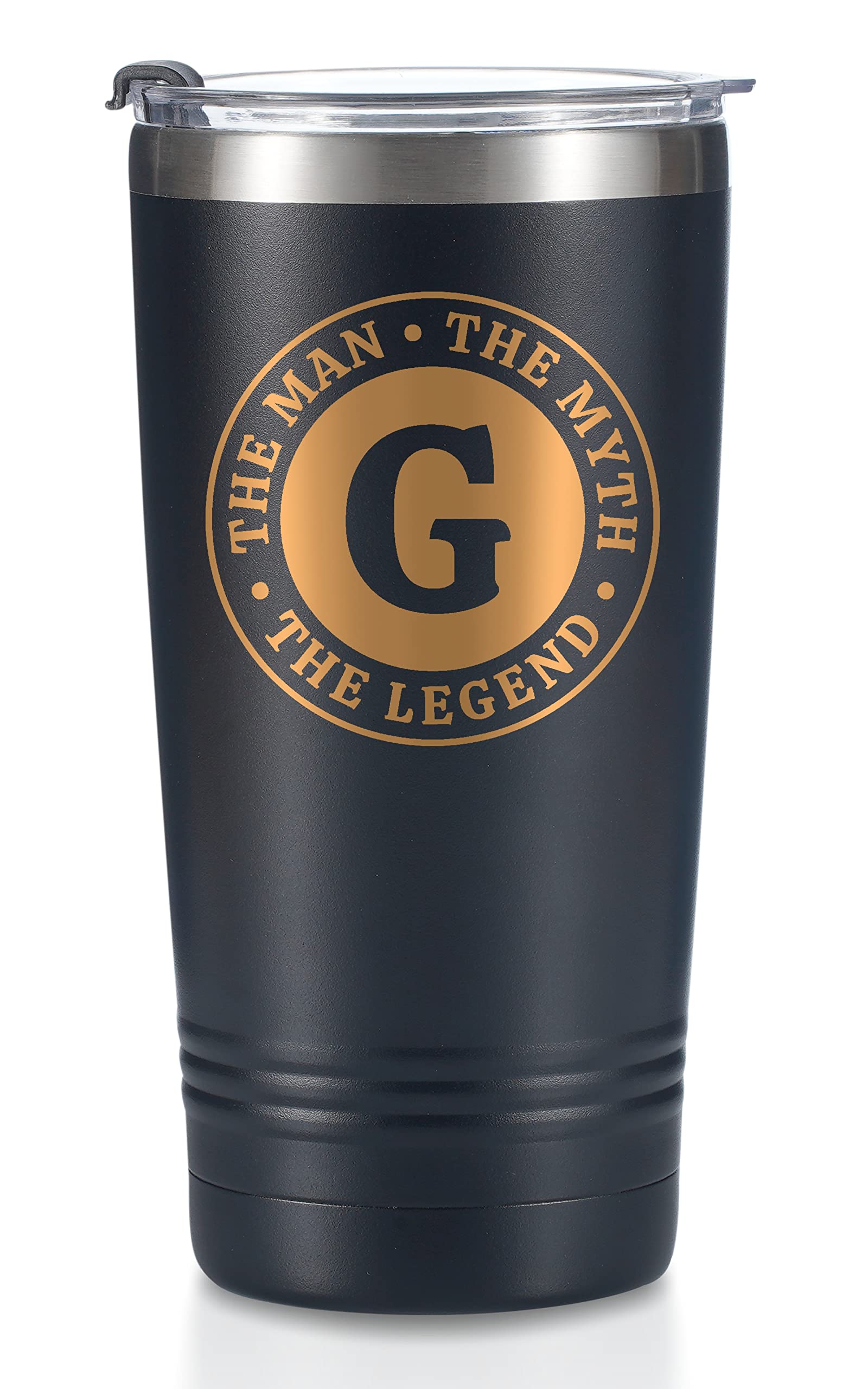 Onebttl Man Myth Legend mug front initials showing personalized style for daily coffee on the go