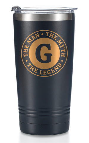 Onebttl Man Myth Legend mug front initials showing personalized style for daily coffee on the go