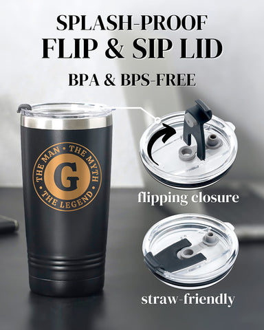 Onebttl Man Myth Legend mug side monogram perfect for gifting with initials for birthdays