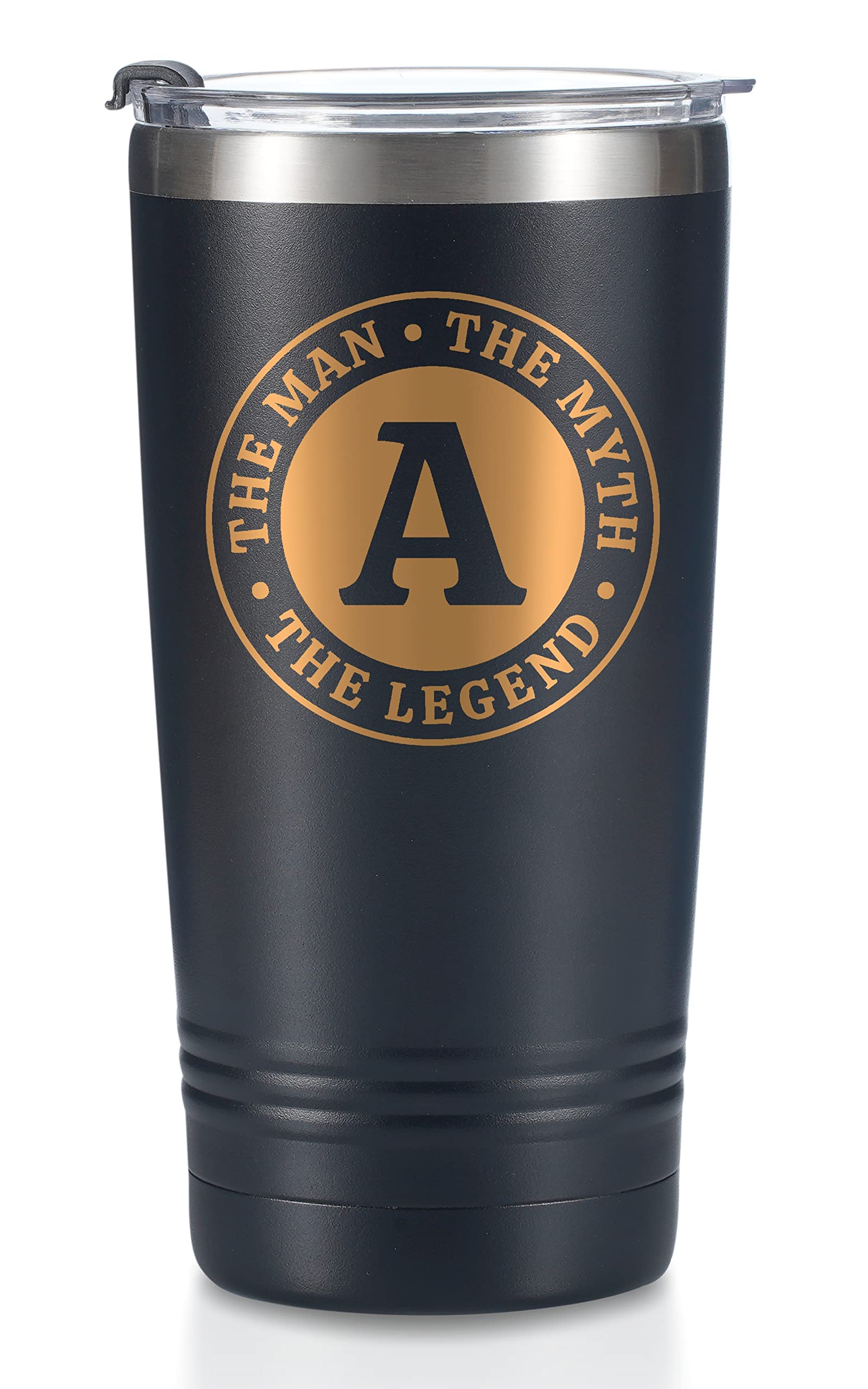 Onebttl man myth legend tumbler front view with initials for daily use.