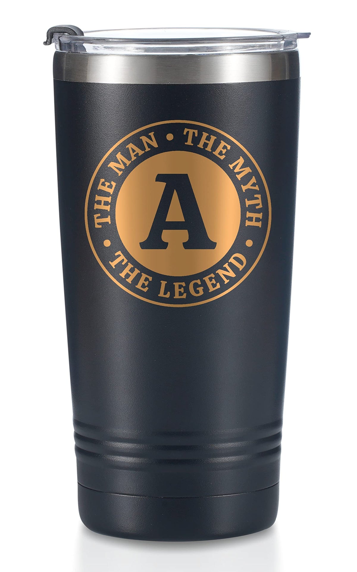 Onebttl man myth legend tumbler front view with initials for daily use.