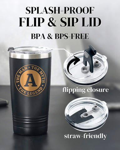 Onebttl monogram close-up showing engraved initials on durable stainless steel tumbler.