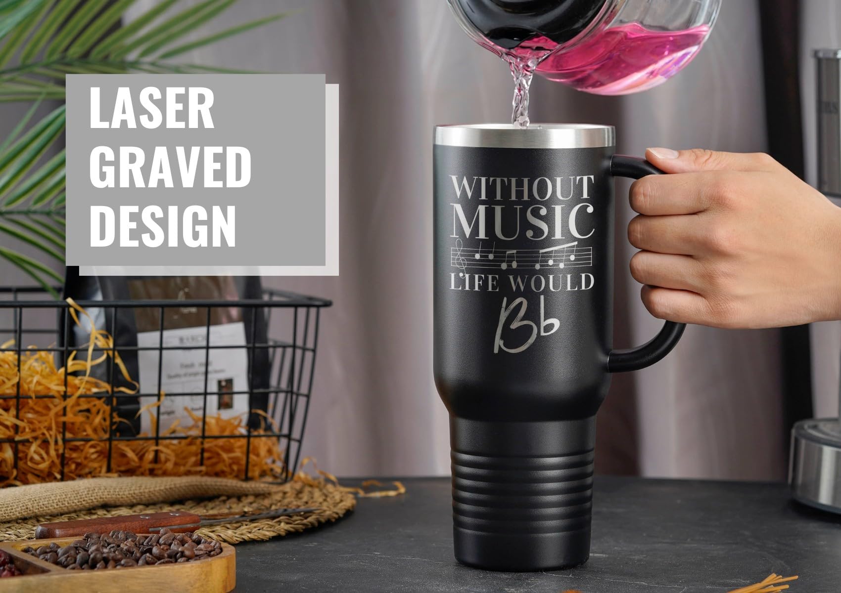 Onebttl Music Lover tumbler close-up design highlights the without music life would be B flat print.