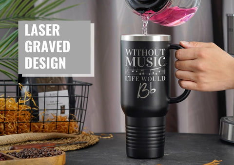 Onebttl Music Lover tumbler close-up design highlights the without music life would be B flat print.