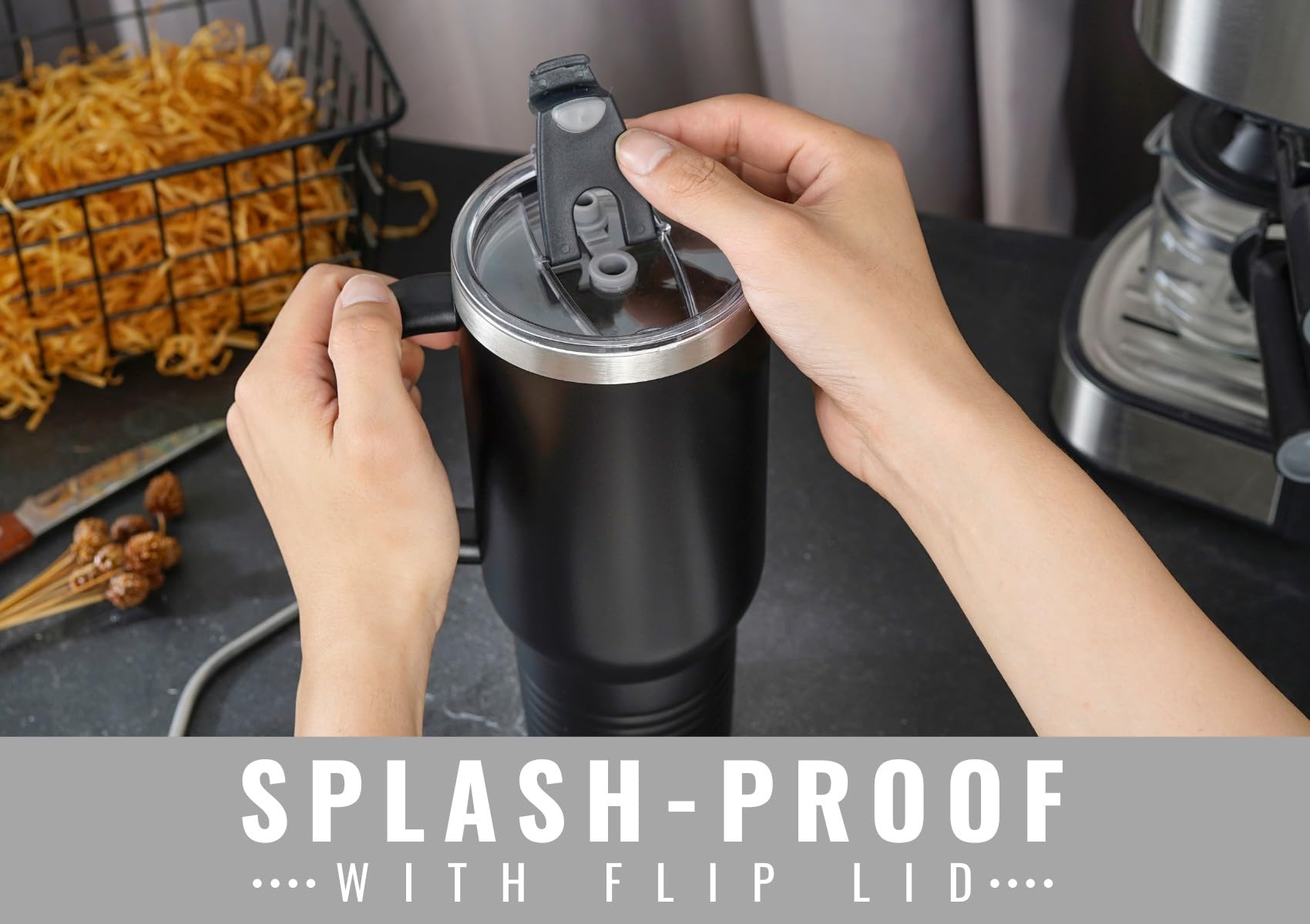 Onebttl 40oz tumbler lid and straw assembly showcases spill-resistant convenience.