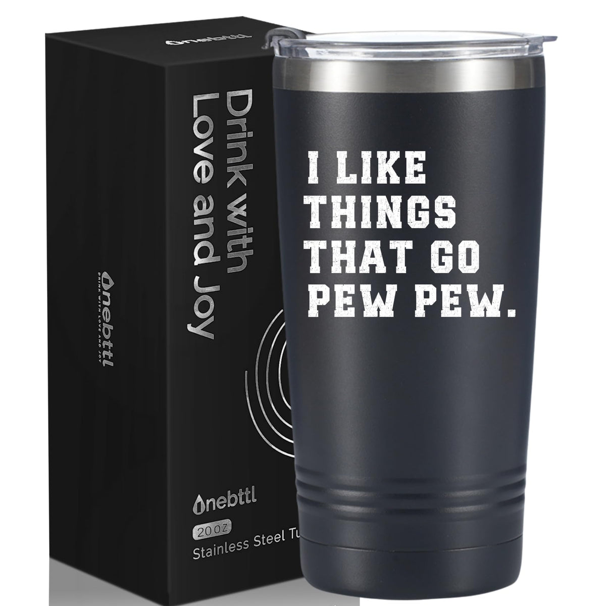 Onebttl Pew Pew 20oz tumbler with spill-proof lid and straw for on-the-go hydration.