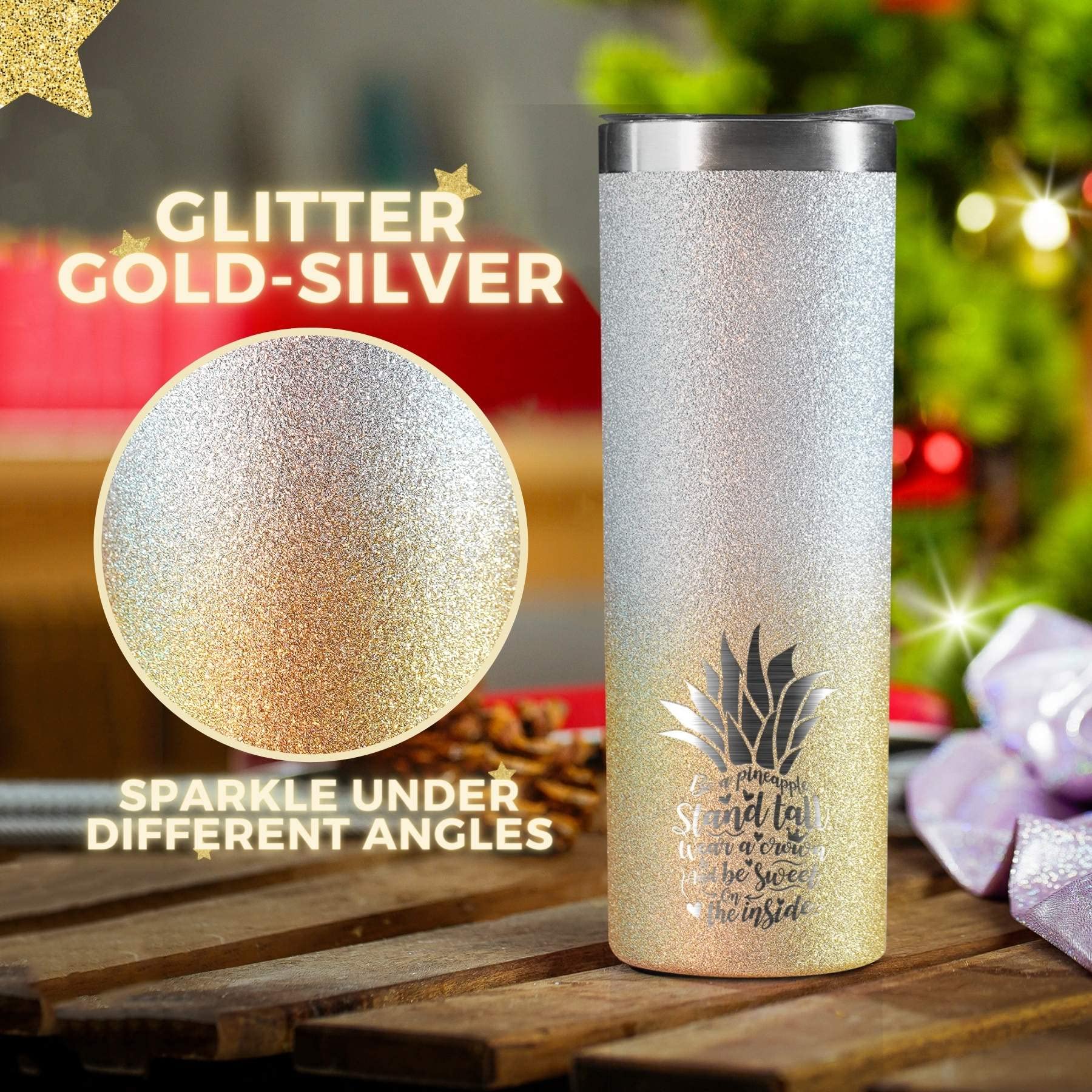 Onebttl Pineapple Glitter Tumbler closed lid demonstrates convenient travel-ready design