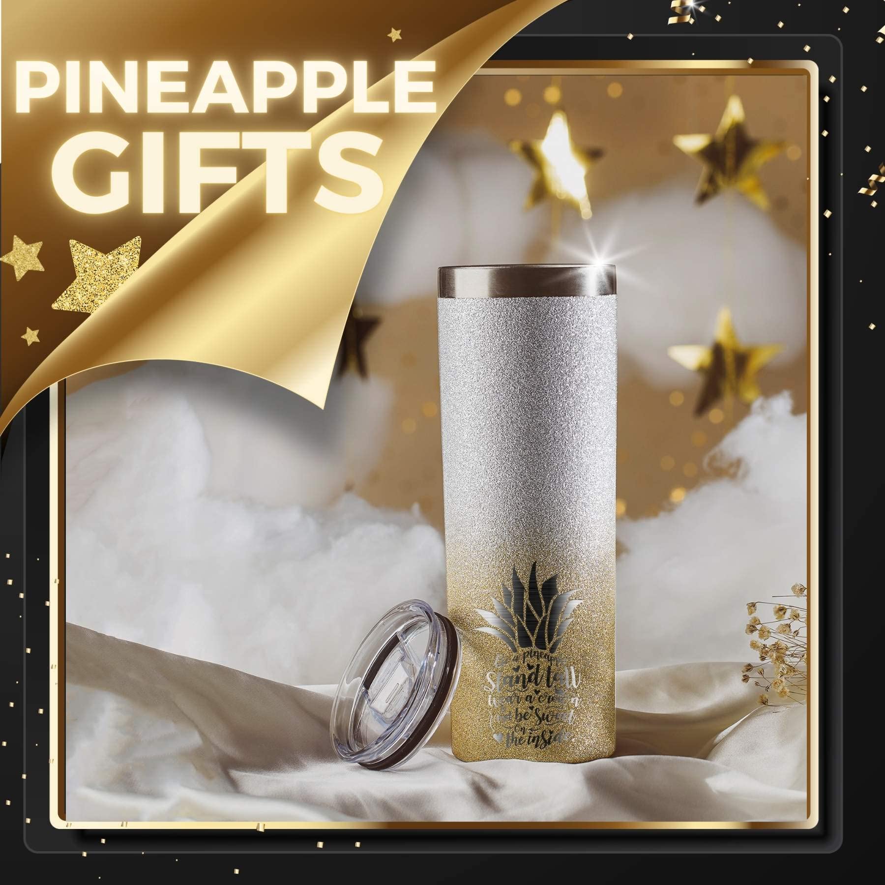Onebttl Pineapple Glitter Tumbler side view highlights crown motif and vibrant finish