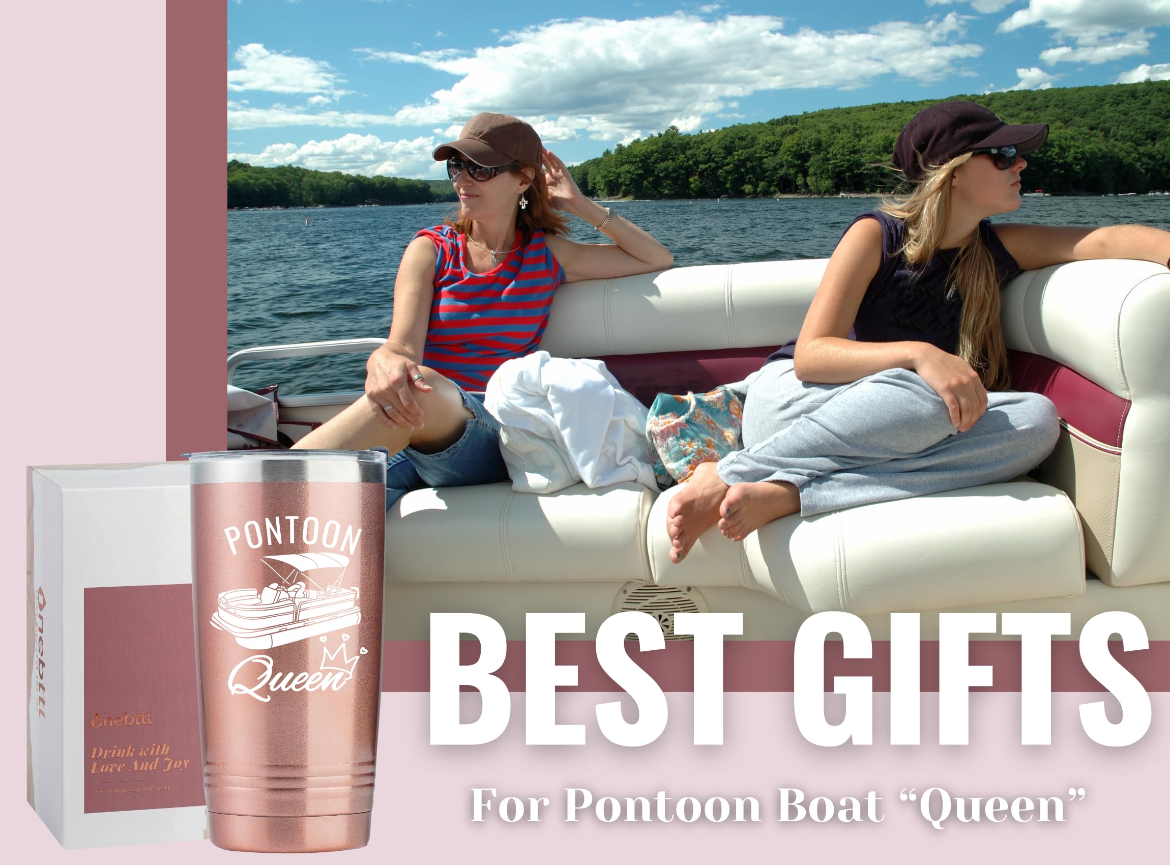 Onebttl Pontoon Queen tumbler shown on boat ride.