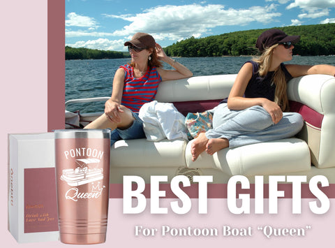 Onebttl Pontoon Queen tumbler shown on boat ride.