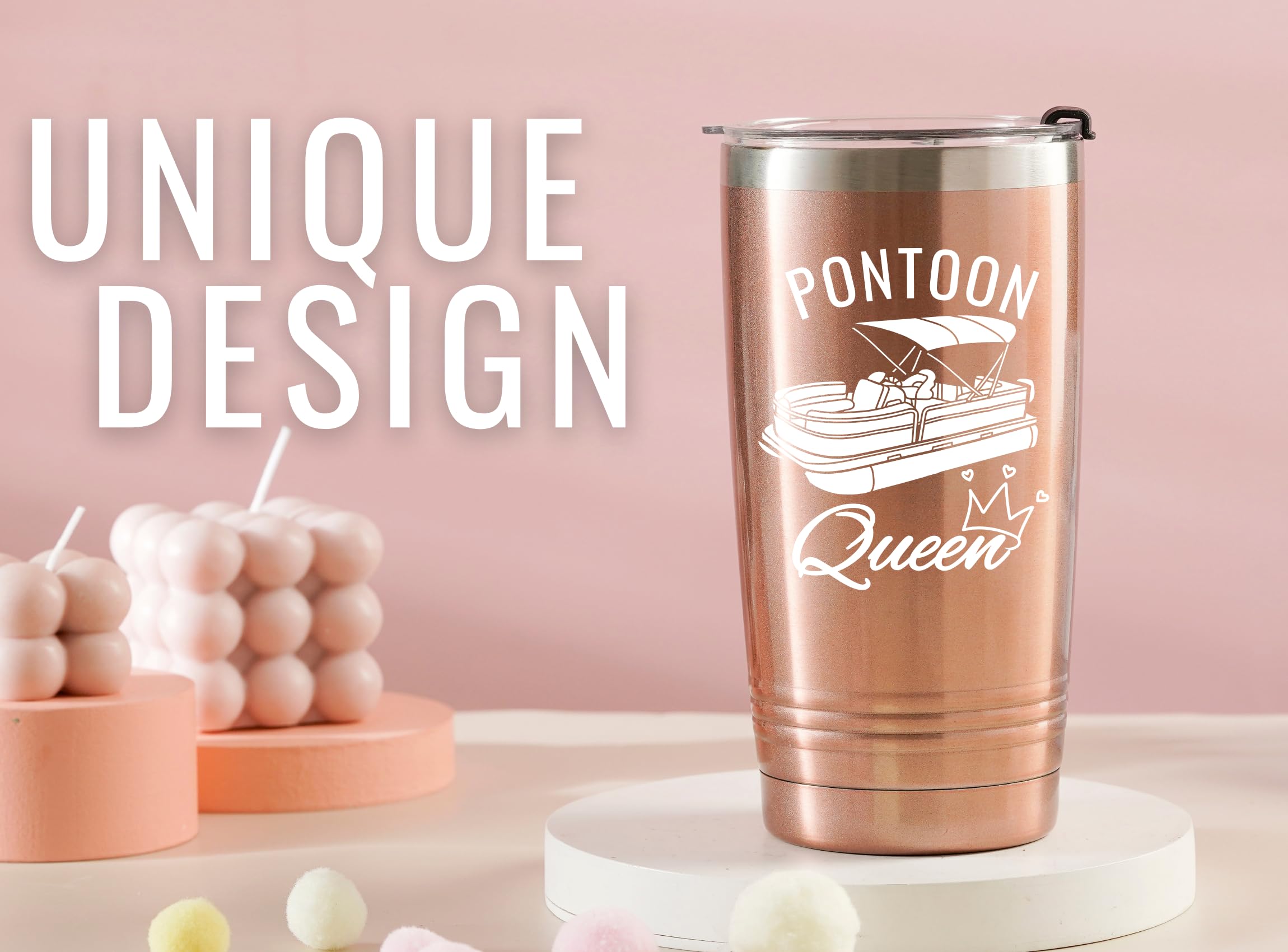 Onebttl Pontoon Queen rose gold tumbler on deck with secure lid.