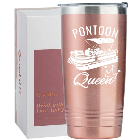 Onebttl Pontoon Queen rose gold tumbler with spill-proof lid.
