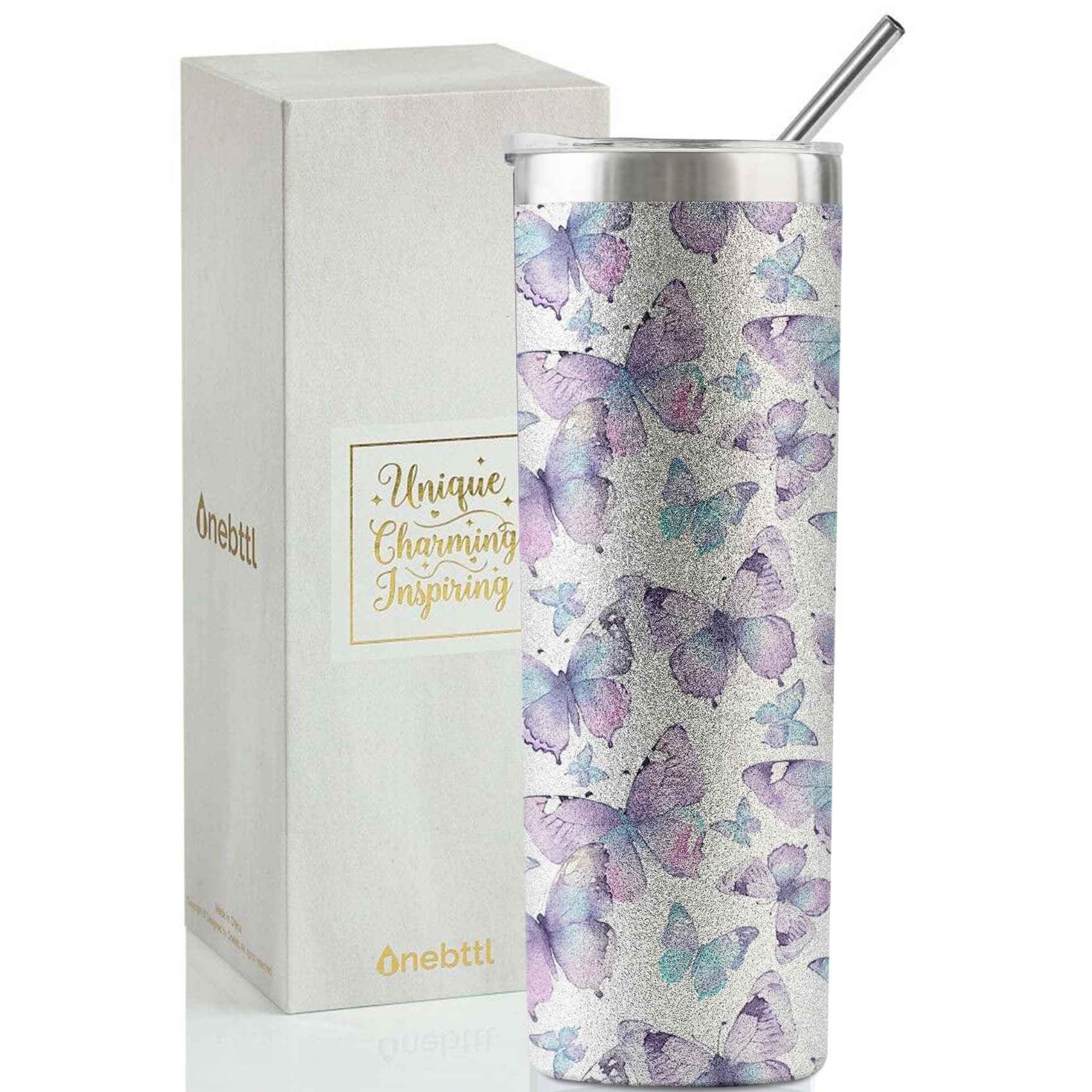 Onebttl Purple Butterfly Tumbler front view with butterfly design for stylish hydration