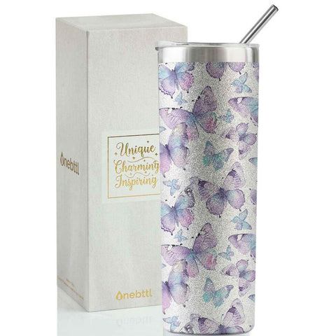 Onebttl Purple Butterfly Tumbler front view with butterfly design for stylish hydration