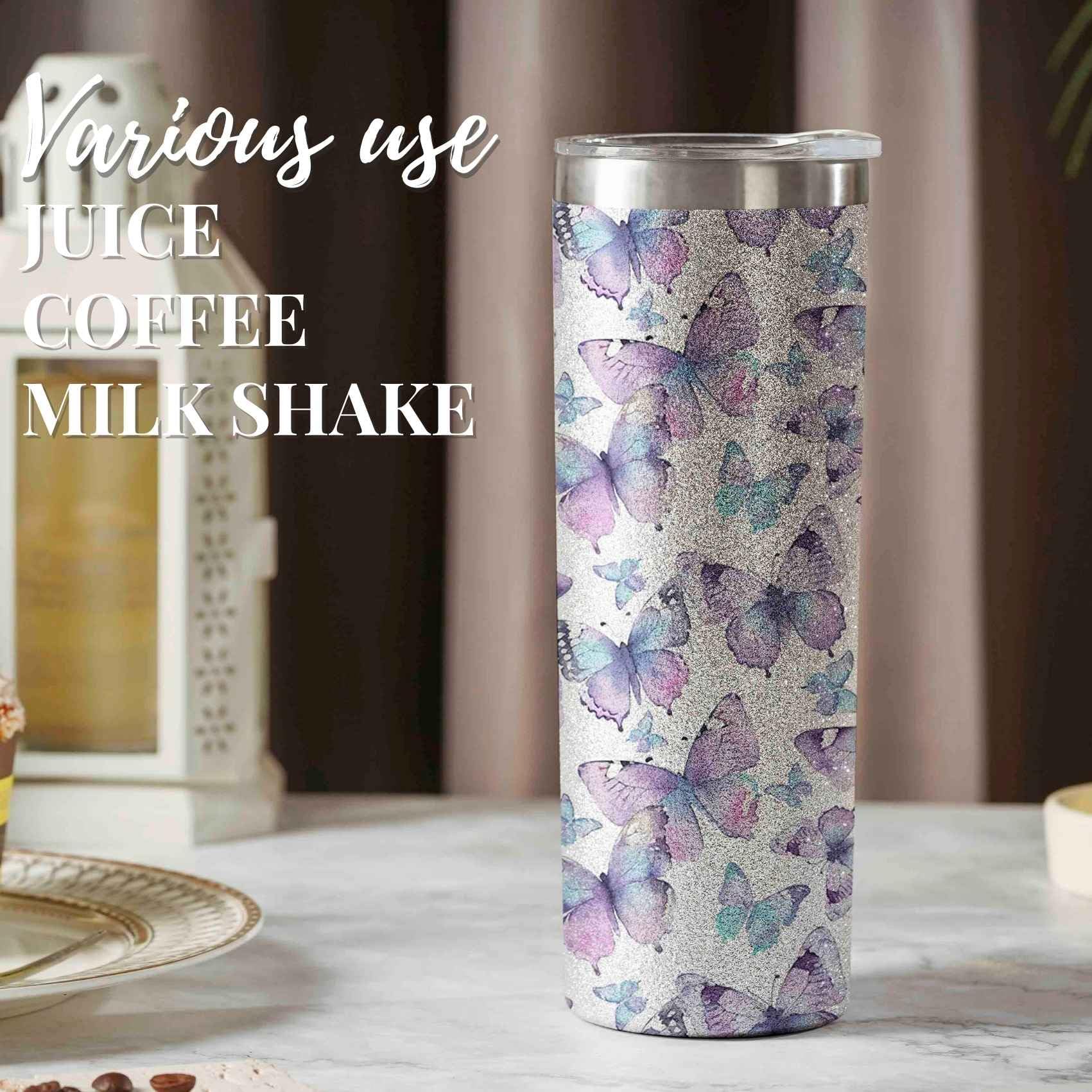 Onebttl Purple Butterfly Tumbler showing ergonomic handle for comfortable grip