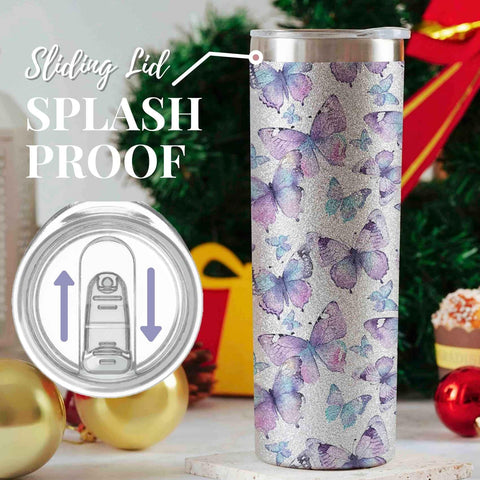 Onebttl Purple Butterfly Tumbler with secure straw slot for easy sipping