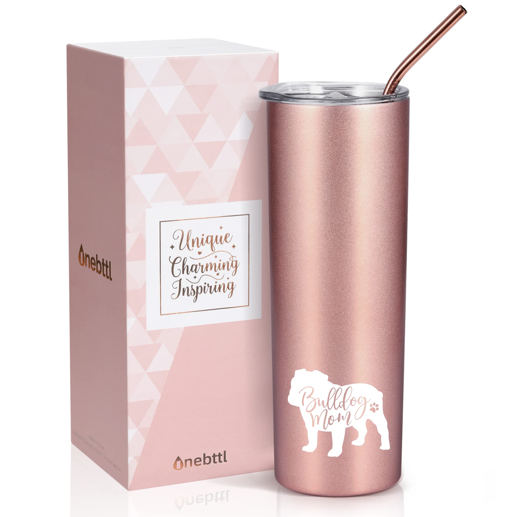 Onebttl rose gold 20 oz tumbler, front view, ideal Bulldog Mom gift for on-the-go hydration.