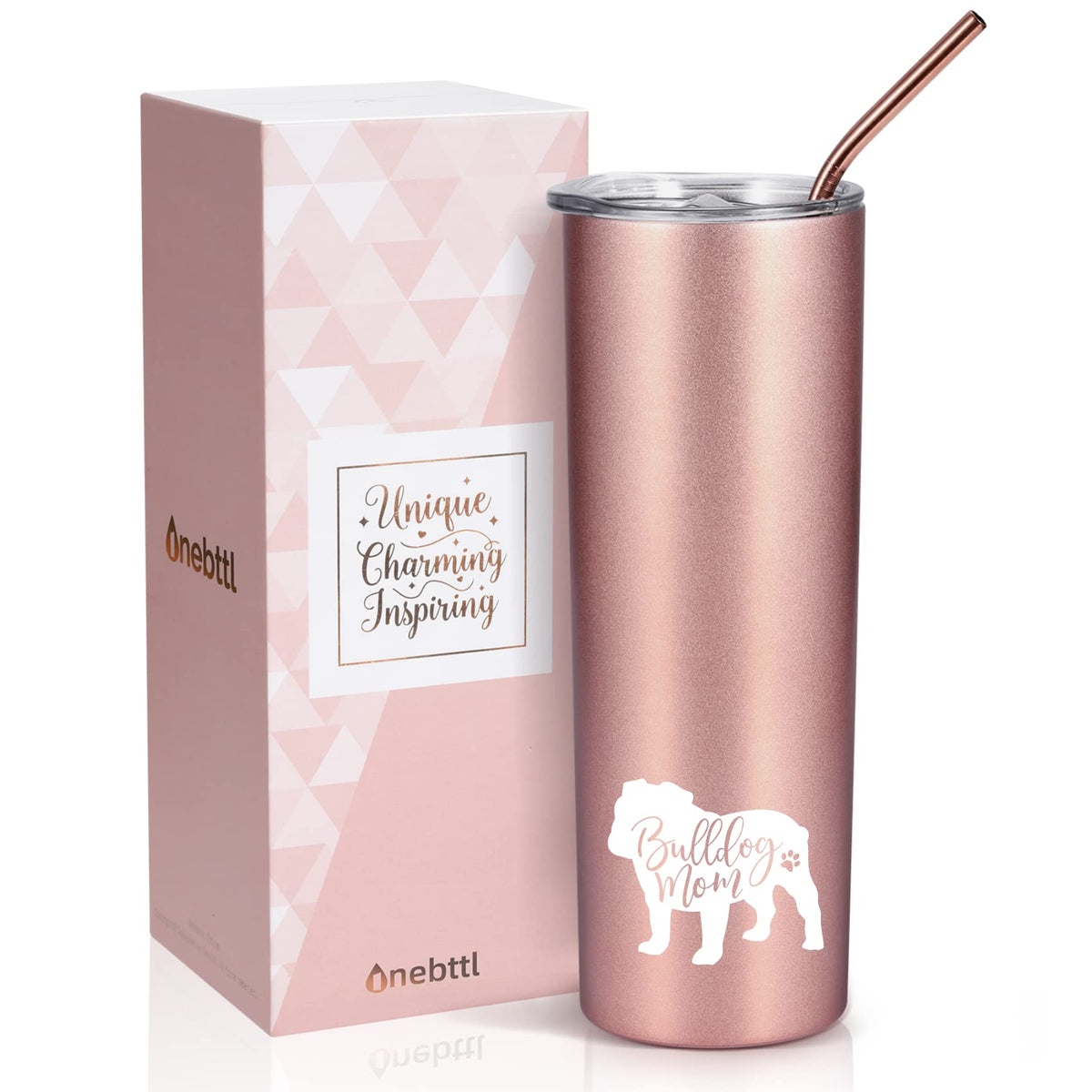 Onebttl rose gold 20 oz tumbler, front view, ideal Bulldog Mom gift for on-the-go hydration.