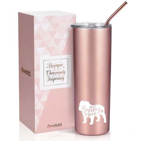 Onebttl rose gold 20 oz tumbler, front view, ideal Bulldog Mom gift for on-the-go hydration.