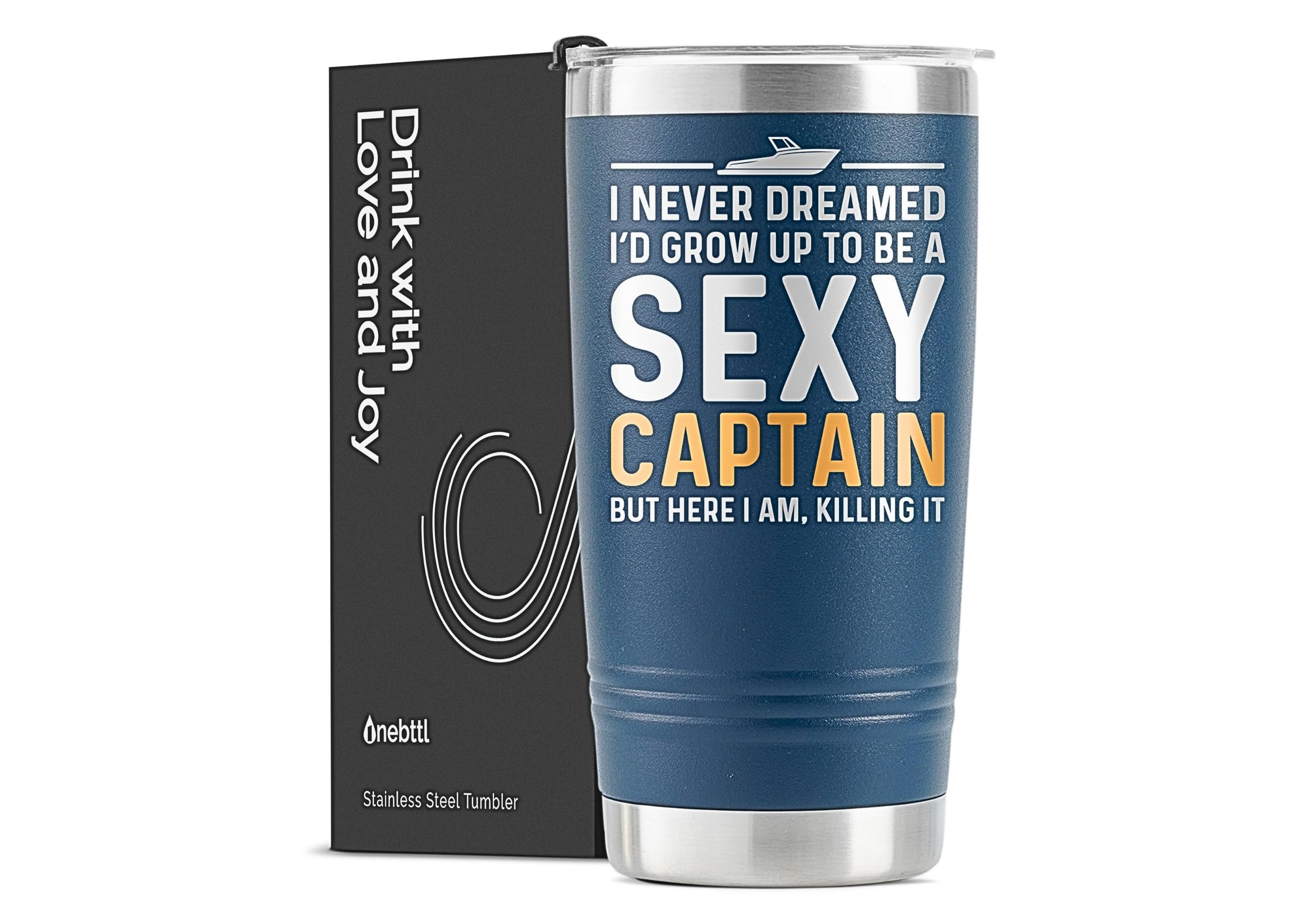 Onebttl Sexy Captain tumbler on a boat, ideal for bold boaters.