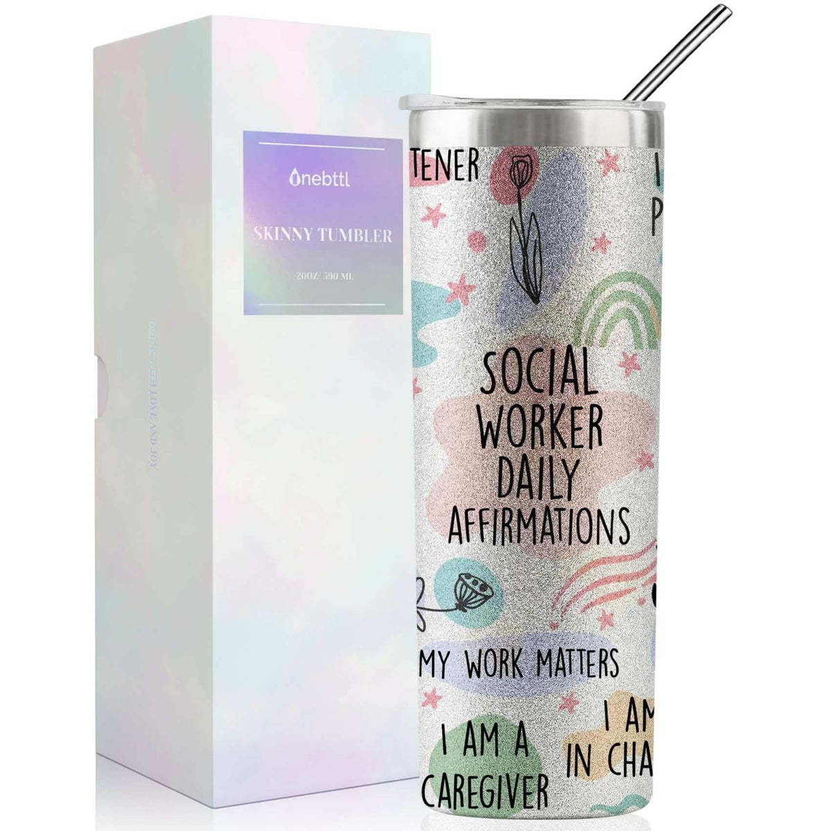 Onebttl social worker tumbler with silver glitter keeps beverages stylish on shifts