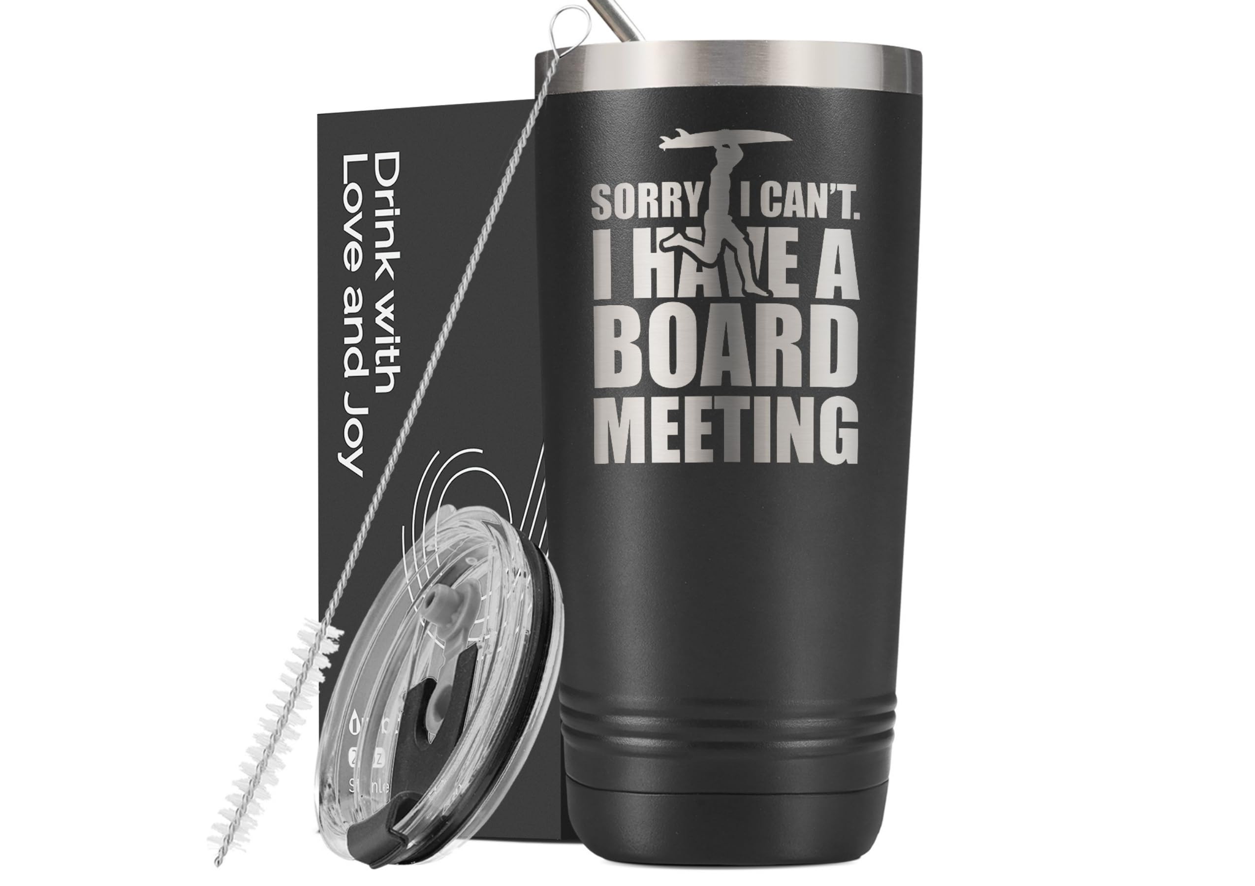 Onebttl Surfing Tumbler with board-meeting quote, ideal for on-the-go beach companion.