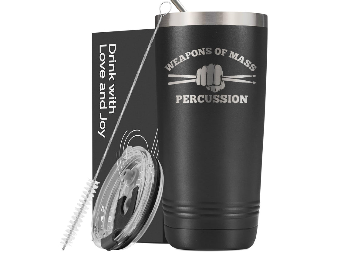 Onebttl Weapons of Mass Percussion tumbler front view shows durable stainless steel for daily use.