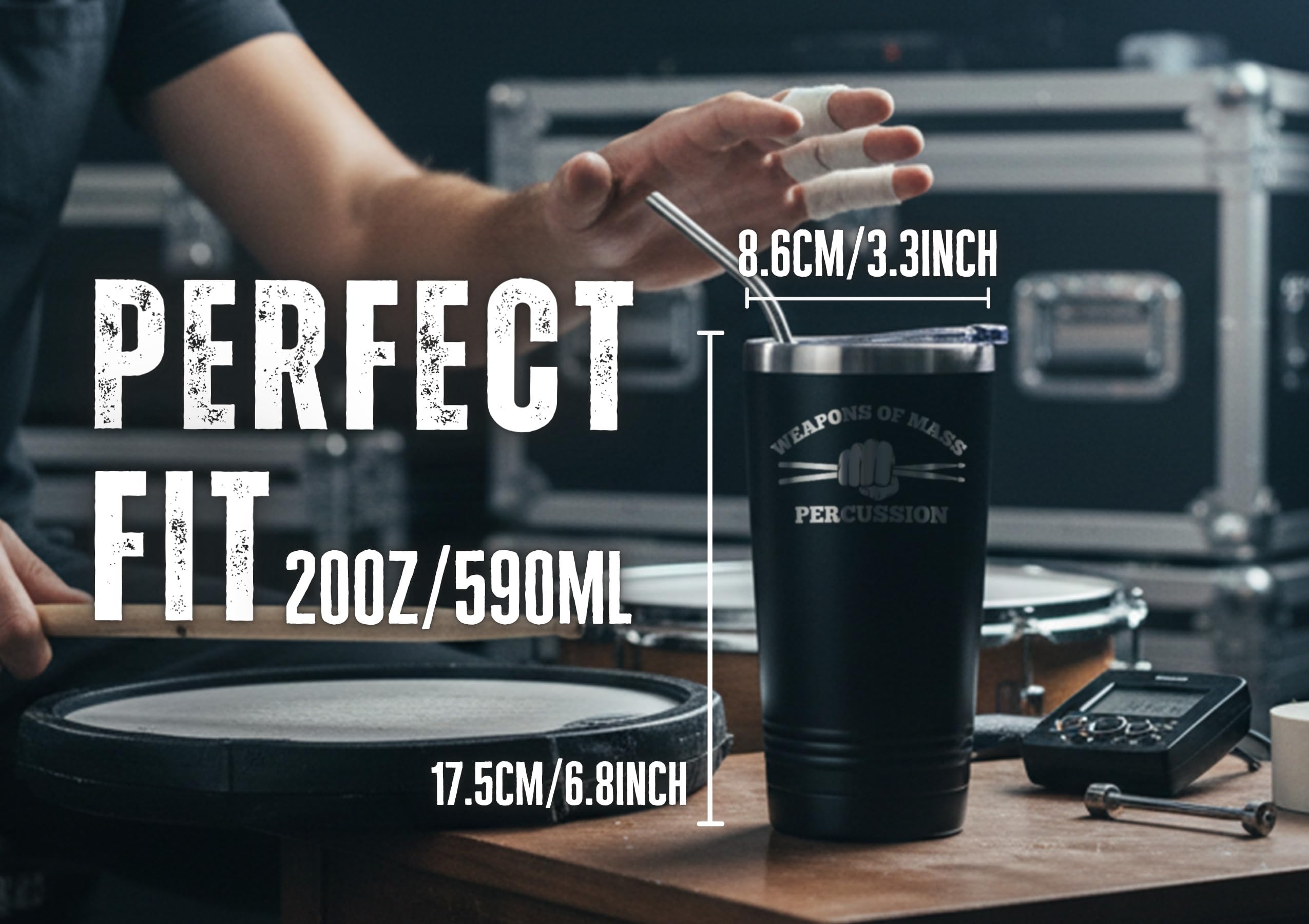 Onebttl Weapons of Mass Percussion tumbler gift packaging makes a thoughtful music-themed present.