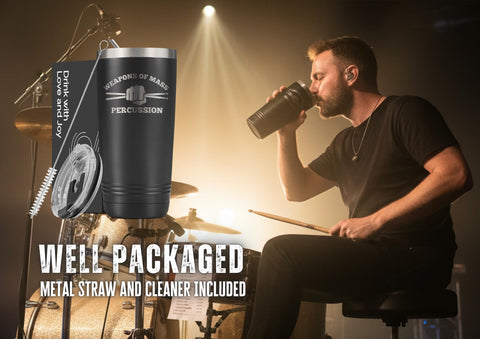 Onebttl Weapons of Mass Percussion tumbler in use at a gig offers practical hydration.