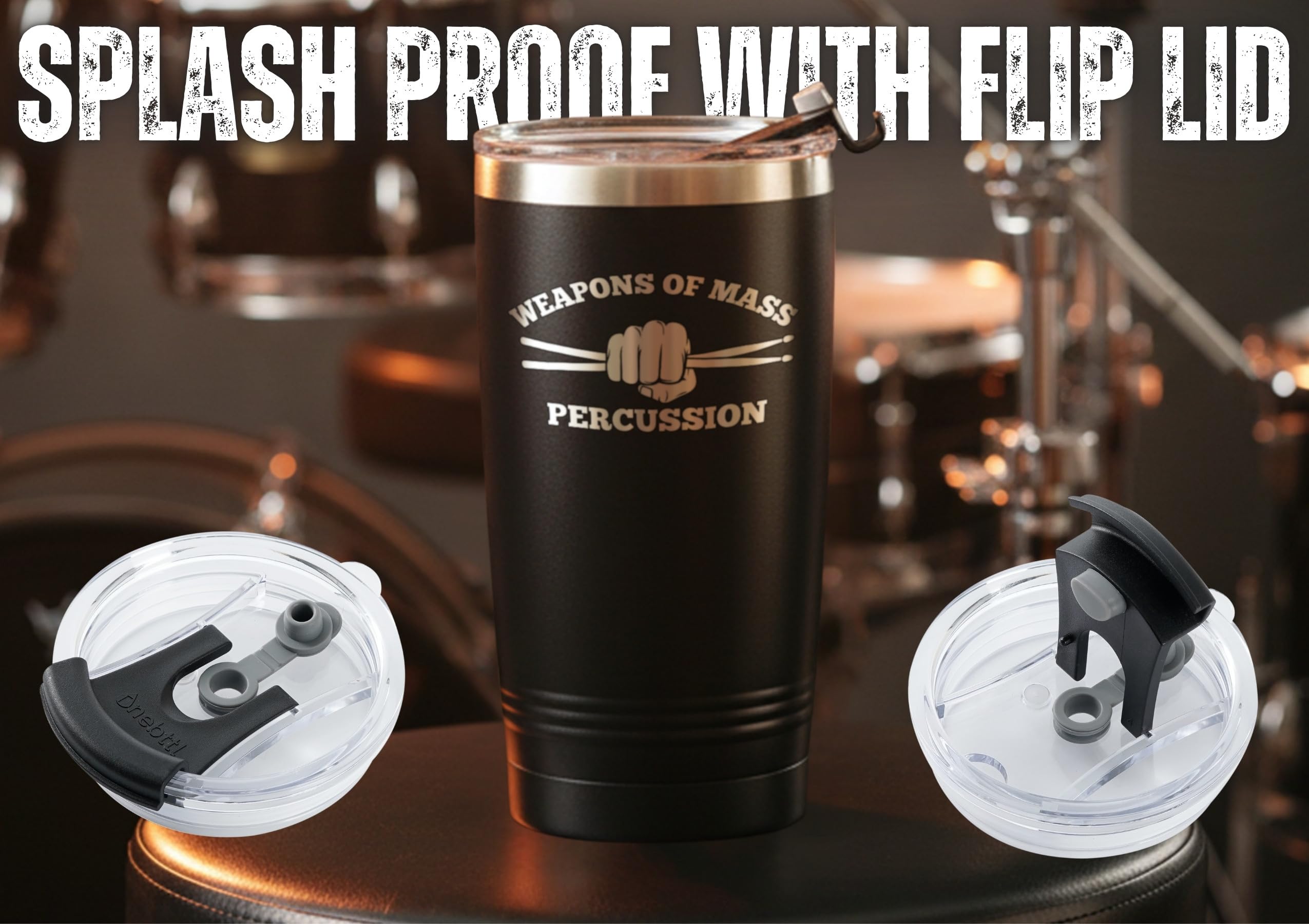 Onebttl Weapons of Mass Percussion tumbler material detail emphasizes premium 304 stainless steel taste-neutral sipping.
