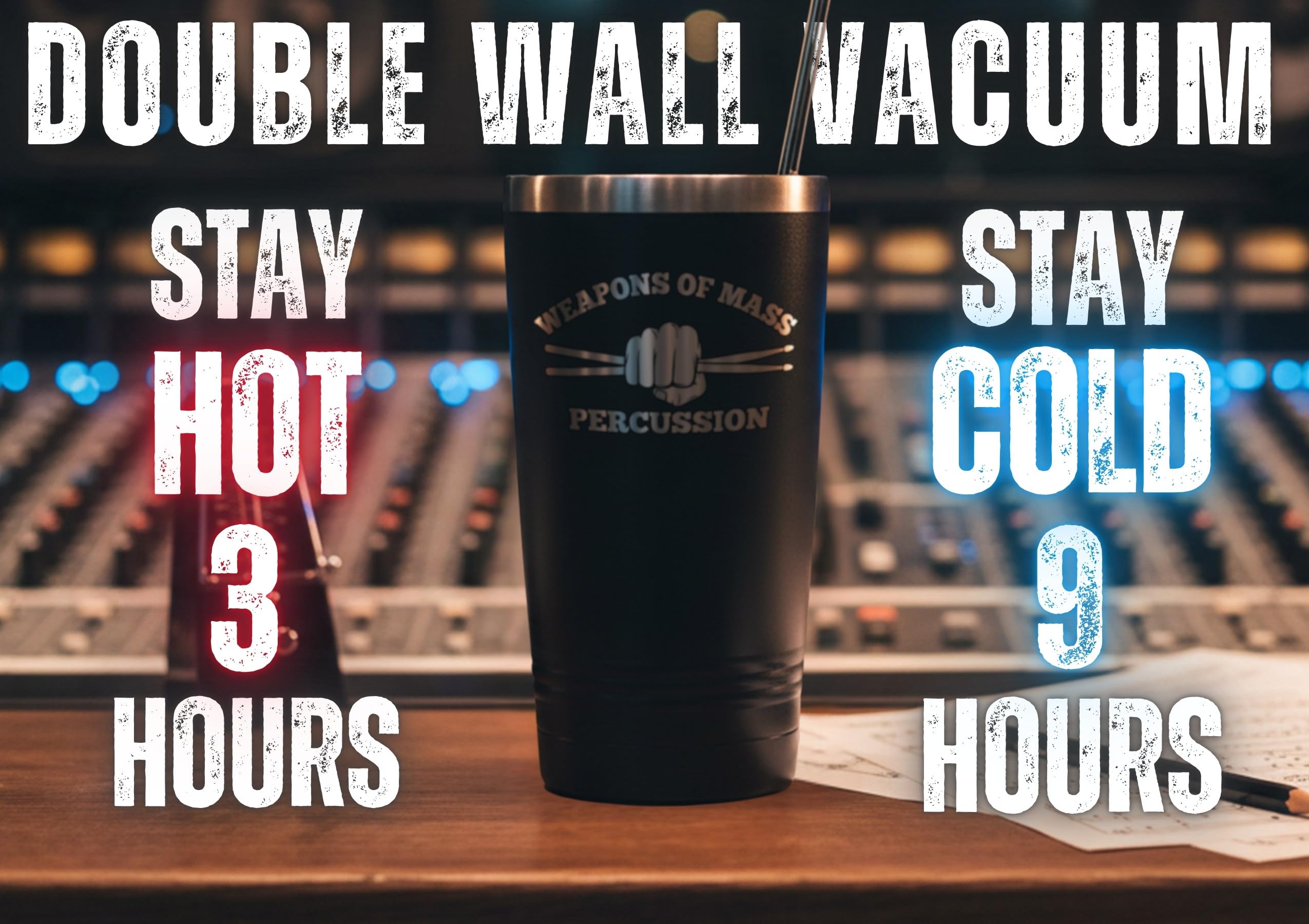 Onebttl Weapons of Mass Percussion tumbler matte finish adds edgy style for gigs.