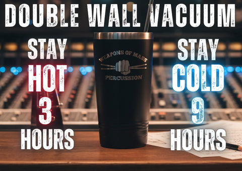 Onebttl Weapons of Mass Percussion tumbler matte finish adds edgy style for gigs.