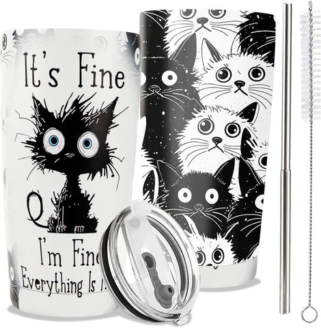 ONECES cat tumbler with lid and straw, stylish travel mug for cat lovers.