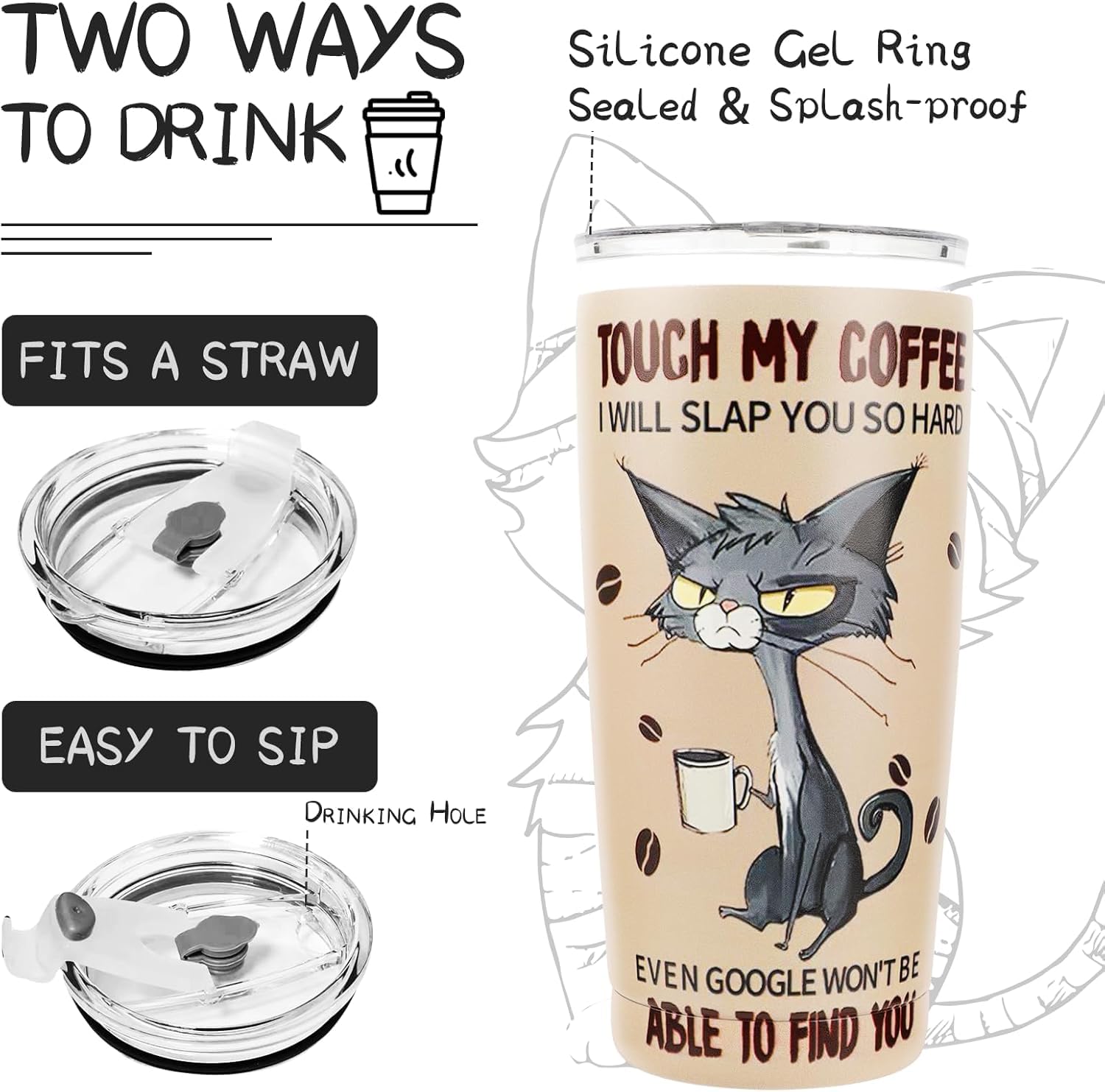 ONECES cat tumbler spill-proof lid shows secure closure during commutes