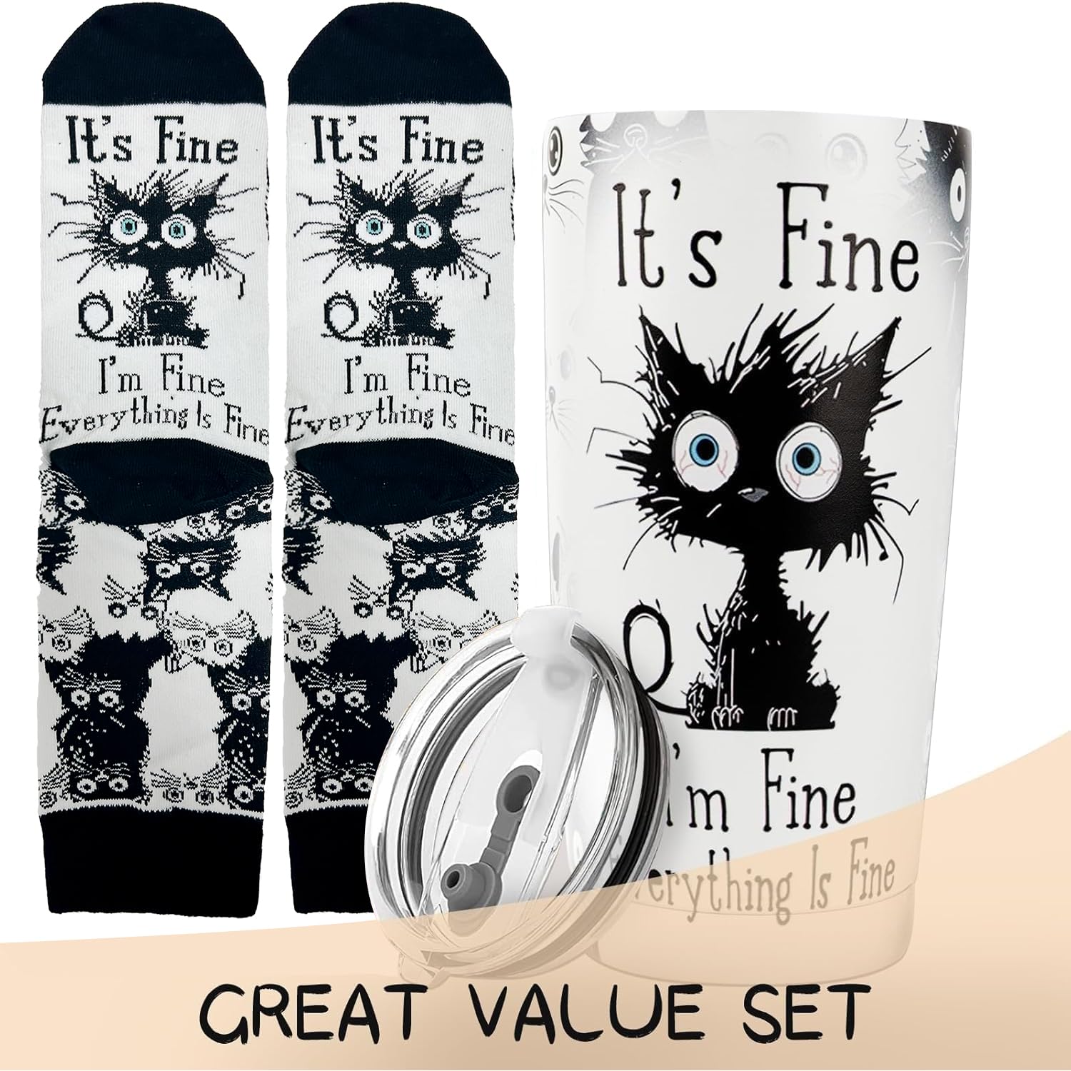 ONECES Everything is Fine tumbler on display, whimsical gift for cat moms.