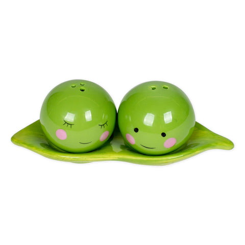 One Hundred 80 Degrees peas in a pod green ceramic salt and pepper shakers for stylish tables.