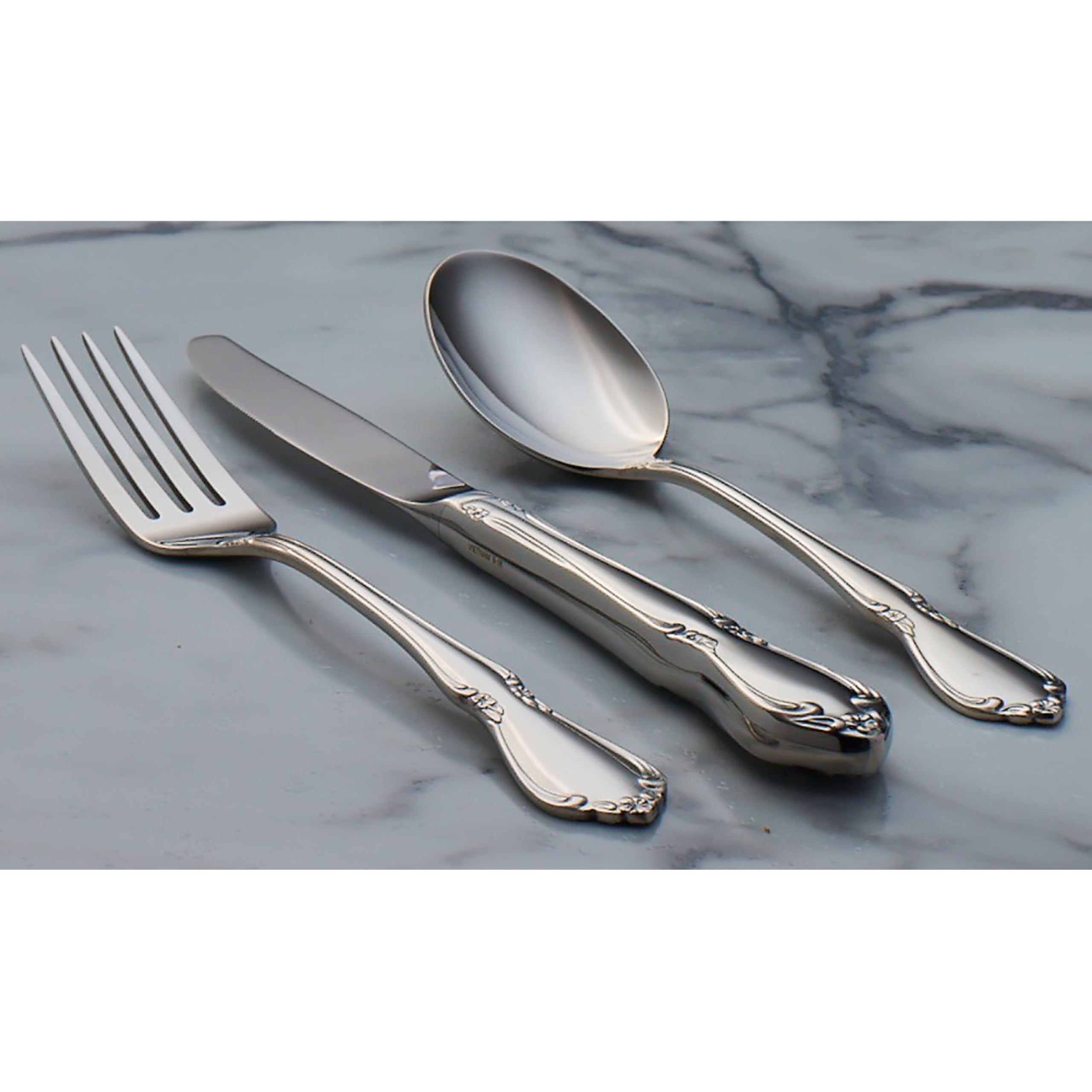 Oneida Chateau 18-8 stainless steel offers rust resistance for daily use.