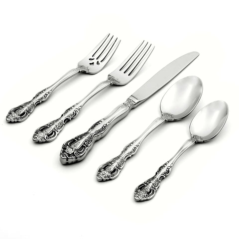 Michelangelo dinner fork close-up emphasizes sturdy 18/10 stainless steel and durability.