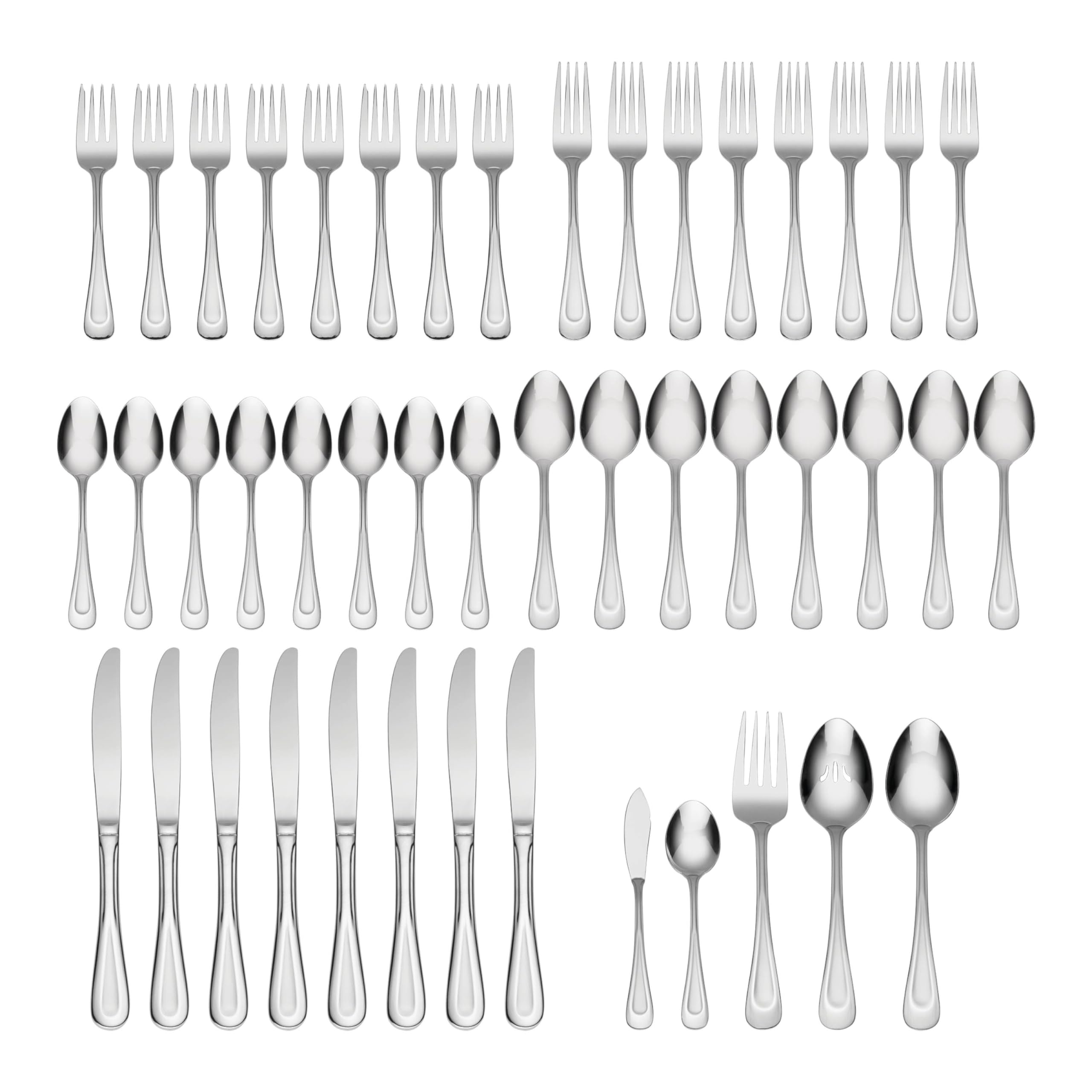 Oneida Satin Sand Dune 45-piece set arranged for eight place settings for family dining
