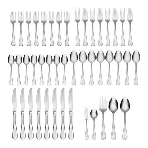 Oneida Satin Sand Dune 45-piece set arranged for eight place settings for family dining